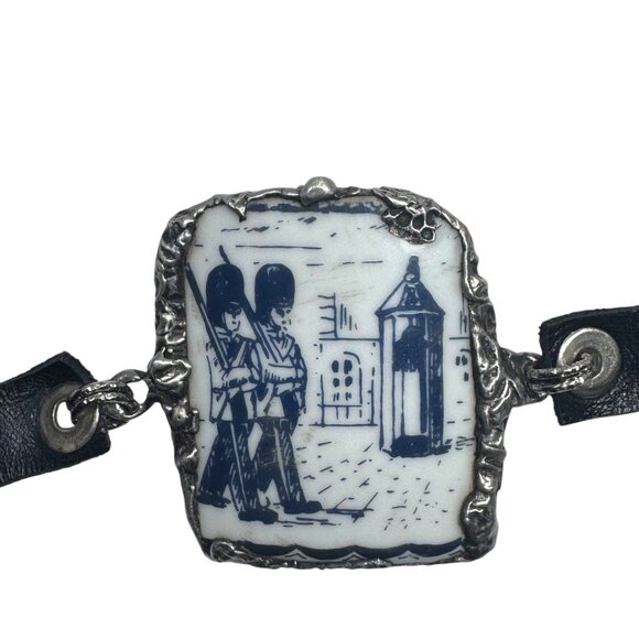 Blue Willow Nutcracker China Leather Bracelet With Silver Blend Bezel Artisanal - Picture 11 of 17